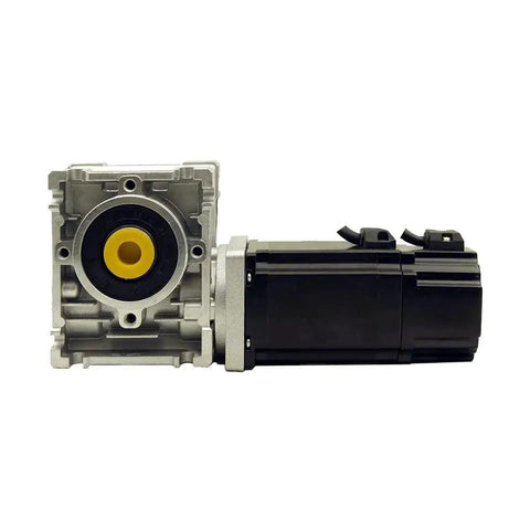 Side view of 23-stepper motor with worm reducer; silver gearbox, black motor housing, yellow output shaft.