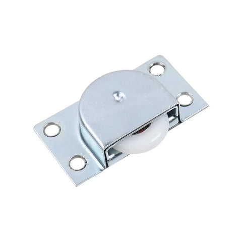 Sliding Door Roller Wheels Set 4 Pairs Nylon Wheel With Iron Shell Electroplating Finish, shown in close-up view with metal housing and white wheel.