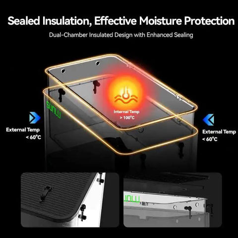 FilaDryer E2 All-In-One Filament Dryer And Annealing Box showing dual-chamber insulation with internal temperature over 100°C.