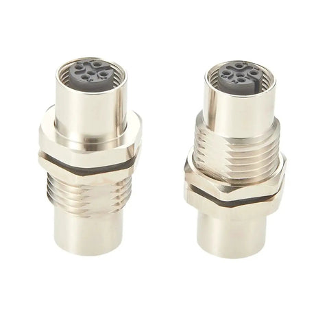 Pair of M12 A Coded 5 Pin Female To Female Coupler Panel Mount IP67 Shielded Bulkhead Connectors for industrial use.