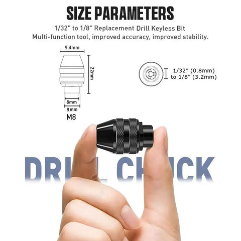Person holding Pro Grade 15 Pc Drill Chuck Collet Set With Brass Collets and Nut Kit 0.8 to 3.2 mm, focus on drill keyless bit size parameters