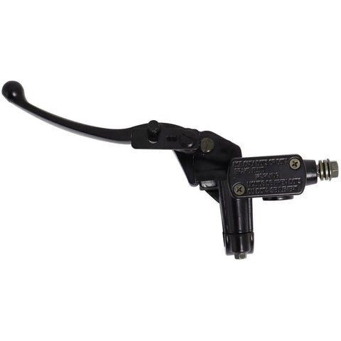 Universal Left Hydraulic Brake Master Cylinder For Seven Eighths Inch Handlebars On Moto ATV Pit Bike Dirt Bike GY6 Engine 50cc To 250cc With Durable Alloy Lever, shown in side view