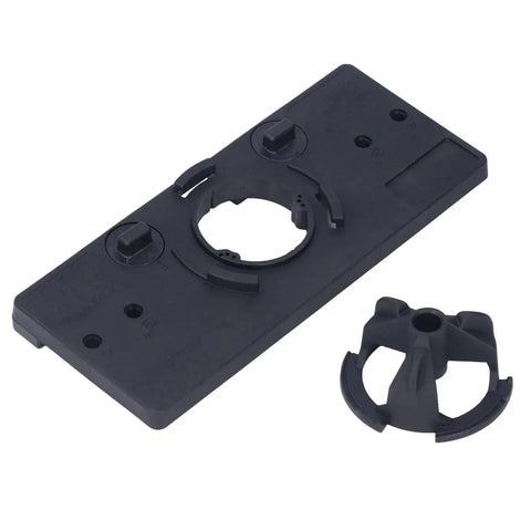 Pro Grade Heavy Duty 35mm Hinge Hole Saw Jig Drilling Guide Set for Woodworking, black ABS material, with 46mm and 48mm spacing.