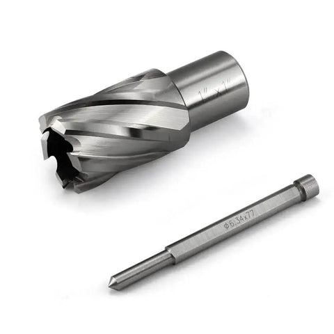 Boss Grade Heavy Duty Pro Grade 1 Inch Diameter Annular Cutter Set For Magnetic Drill Press With Weldon Three Quarter Shank And 1 Inch Cutting Depth Plus Pilot Pin HSS Slugger Bits In Plastic Case For Burr Free Holes Smoother Cutting And Higher Accuracy