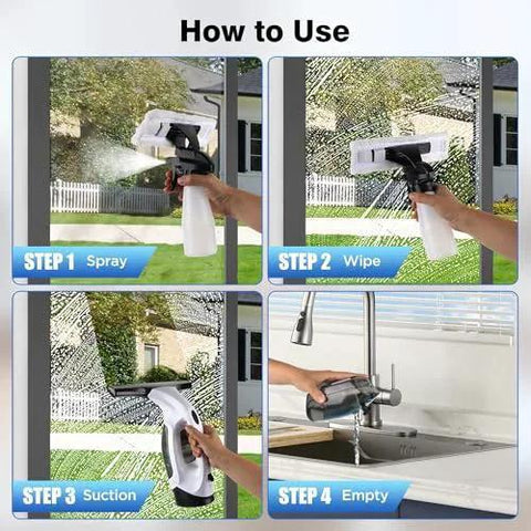 Image showing steps to use Cordless Window Vacuum Squeegee With 2000 Pa Suction 2200mAh Battery And 150 ML Water Tank for cleaning.