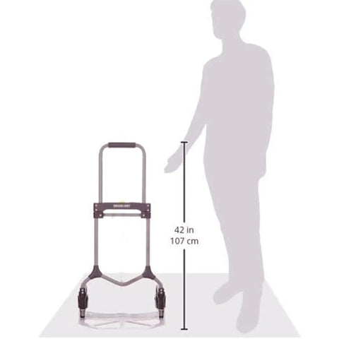 Magna Cart Elite Folding Hand Truck 200 Lb Capacity With Smooth Rolling Wheels standing next to 42-inch silhouette figure