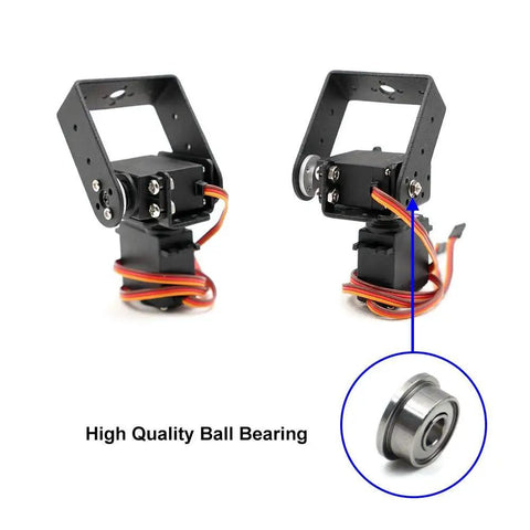 Two Elechawk pan-tilt servo mounts for MG996R/S3003; black metal frames with servo wires and a ball bearing.