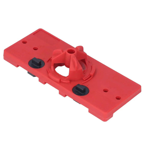 Woodworking Hinge Hole Saw Jig With 35mm Drill Guide Locator For Precise Positioning And Drill Alignment In Cabinet And Furniture Projects Red Drill Guide Bit Set, red rectangular jig with drill guide holes, front view.