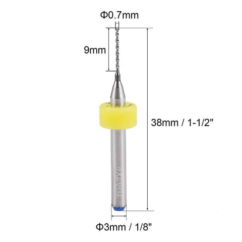 0.7mm Tungsten Carbide PCB Drill Bits Set For Jewelry Making And PCB Engraving One Eighth Inch Shank Micro CNC Bits Pro Grade Long Lasting Rotary Tool Drill Bits Ten Pieces shown with measurements