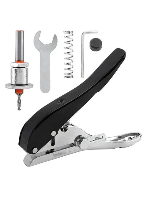 8mm Heavy Duty Hole Punch Set with countersink drill, wrench, spring, and easy grip handle in black, steel body visible.