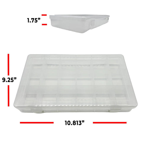 Clear plastic storage organizer box with lid and divided tray, 10.813 in wide, 9.25 in height, 1.75 in depth.