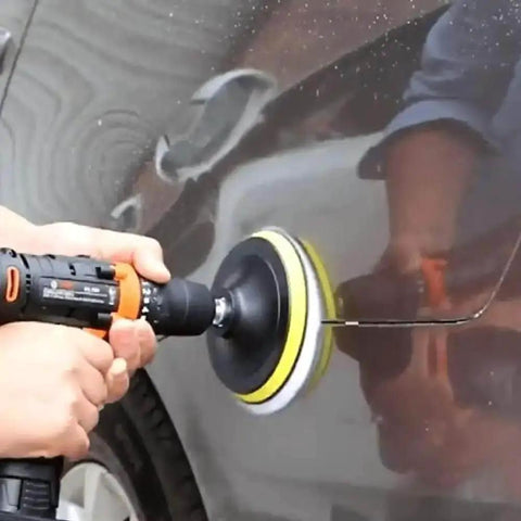 Person using 6 Inch Wool Polishing Pad Kit With Backer Pad And M14 Drill Adapter For Drill Buffers on a car's surface.