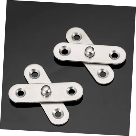 Two stainless steel pieces from detachable 24 piece heavy duty pivot hinges set for cabinets, doors, bookcases, and hidden kits.