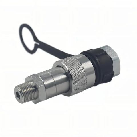 LX-KZE-B-03 3/8 in NPT hydraulic quick-connect coupler; metal body with knurled grip and two dust caps