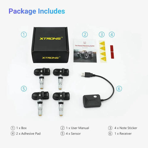Front view of XTRONS TPMS tire pressure monitoring kit with 4 sensors, USB receiver, manual, adhesive pads, and note stickers
