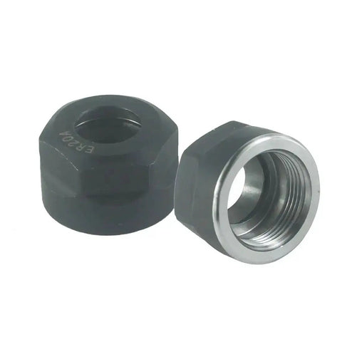 ER20 Collet Nut Set For CNC Milling And Lathe Tools Pro Grade Includes One Eighth Inch One Quarter Inch And One Half Inch Collets With ER20 Clamping Nuts High Precision 65Mn Spring Steel Tight Hold And Smooth Cutting Performance, showing two ER20 clamping nuts, front view.