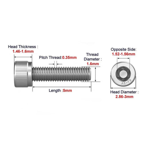 M1.6 x 5mm Stainless Steel Allen Hex Socket Cap Screws DIN 912 All Thread Coarse Pitch 0.35mm 100 Pack A2-70 Corrosion Resistant