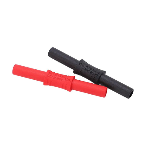 Pair of 4mm insulated banana couplers, female-to-female, red and black with PVC sleeves.