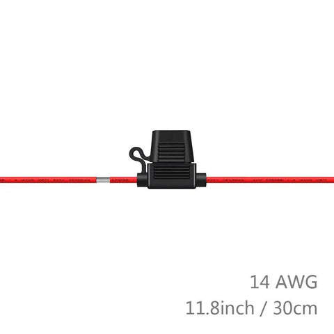 Heavy Duty 14 Gauge Fuse Holder In Line ATC ATO For Automotive Systems, tin plated copper wiring, 11.8 inch length, side view.