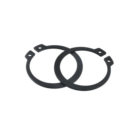 Two black metal External Retaining Rings from the 50 pcs set with outer diameter 1.71 in and inner diameter 1.44 in for automotive use.