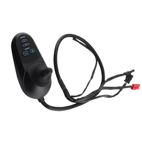 Black electric wheelchair joystick controller with four blue-outlined buttons and wiring harness, DC24V 45A