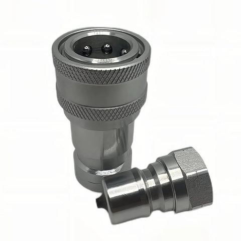 Hydraulic quick-connect coupler, 1/4 in NPT ISO7241-B, metal with knurled collar and dust caps, front view H2-63/62