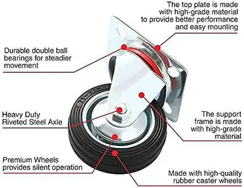 Close-up view of swivel caster with rubber base, top plate, double ball bearing, and steel axle, part of 24 Pack Three Inch Swivel Caster Wheels With Rubber Base And Top Plate Double Ball Bearing Heavy Duty Ideal For Carts And Equipment Load Capacity Over 250 Lbs Per Caster With Durable Rubber Wheel For Easy Maneuverability On Wood And Concrete Surfaces.