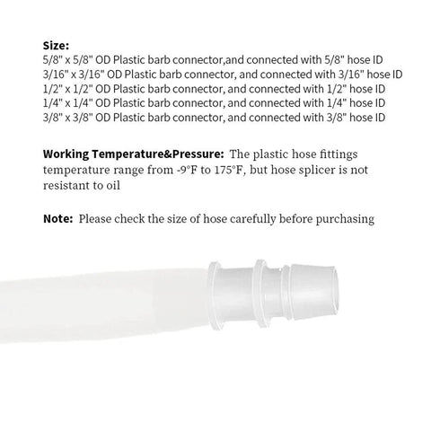 Plastic hose barb fitting set, 8 pcs, sizes 3/16 to 5/8 inch, for air, water and fuel hoses.