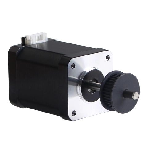 FYSETC Crealty K1 Max NEMA 17 stepper motor, 42x60mm body, black housing with silver faceplate and attached belt pulley