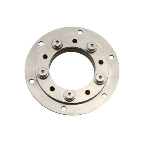 Front view of 360° bidirectional rotating hinge flange in 304 stainless steel with 75mm mounting hole and six bolts.