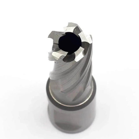 Rugged Annular Cutter Kit For Magnetic Drill Press With Weldon Shank Three Quarters Inch Cutter Five Eighths Inch Cutting Diameter One Inch Cutting Depth Two Flat HSS High Speed Steel For Durable Metal Drilling By JESTUOUS close-up view of the cutter.
