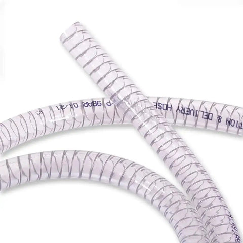 Half Inch PVC Reinforced Tubing With Spiral Steel Wire 25 Ft Built Tough High Pressure Flexible Vinyl Hose coiled on white background