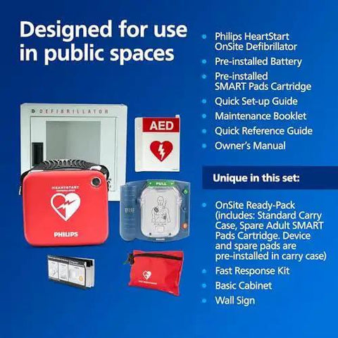 Grab And Go OnSite AED Defibrillator Kit with CPR Guidance, Voice Prompts, and Portable Case showcasing public setting use.