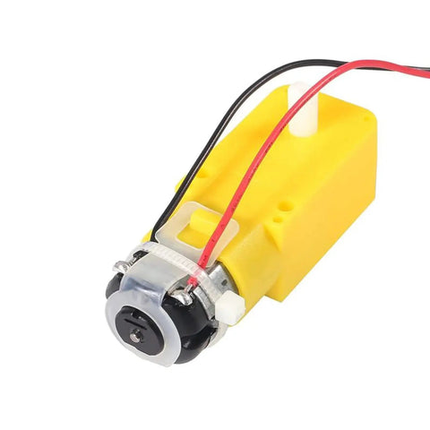 Close-up of 8 Pack TT DC Gearbox Motor AEDIKO 3 to 6V 1 to 48 Ratio, shown with yellow casing and 2.54mm wire leads.