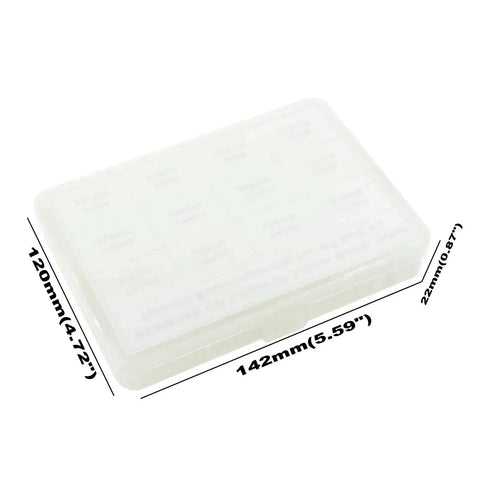 Storage box for Nylon Round Unthreaded Spacers Kit For M3 Screws, 300 Pc White Assortment with dimensions marked
