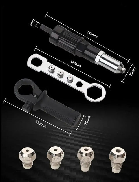 Rivet Gun Adapter Kit With Handle Grip Riveter Drill Attachment For Cordless Electric Drills Fast Riveting Tool With Insert Nut Durable Alloy Steel Gun Head Three Claw Clamp For Heavy Duty Wear Resistant Labor Saving Operation components with measurements.