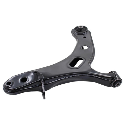 Front view of black front lower left suspension control arm with ball joints for Subaru Legacy Outback 2010 to 2014.