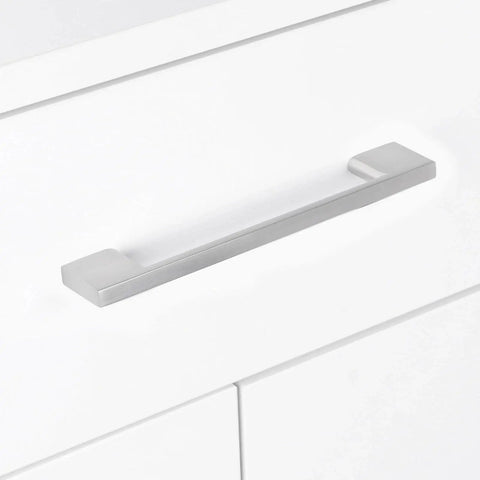 Close-up of installed 10 Pack 5 Inch Brushed Satin Nickel Cabinet Pulls Zinc Alloy Drawer Handles on a white cabinet, brushed finish.