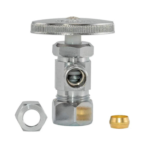 Multi-Turn Angled Stop Valve Three-Eighths Inch OD To Five-Eighths Inch OD Compression Brass Chrome Plumbing Fitting For Home Fixtures With Leakproof Teflon Seals Eastman