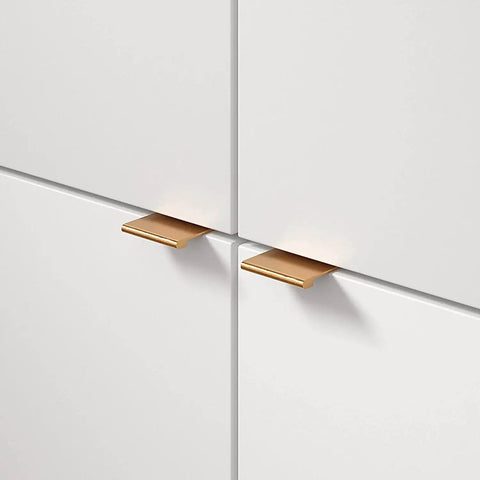 1-Inch Center-To-Center Satin Gold Modern Cabinet And Drawer Edge Pull Handle for Kitchen, Bathroom, and Furniture installed view