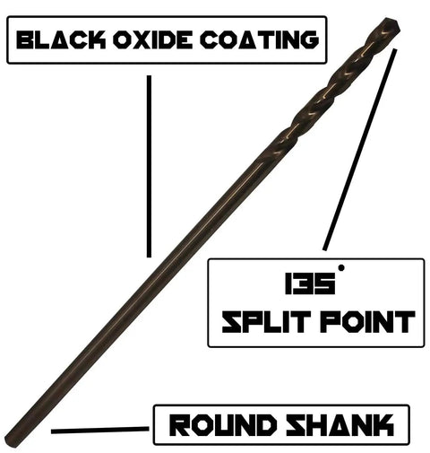 Extra Long Quarter Inch By Twelve Inch Aircraft Drill Bit Set M35 Cobalt Black Oxide 2 Pack Narwhal Pro Grade For Drilling Into Sheet Metal Stainless Steel Aluminum Wood Copper With 135 Degree Split Point, showing black oxide coating and round shank.