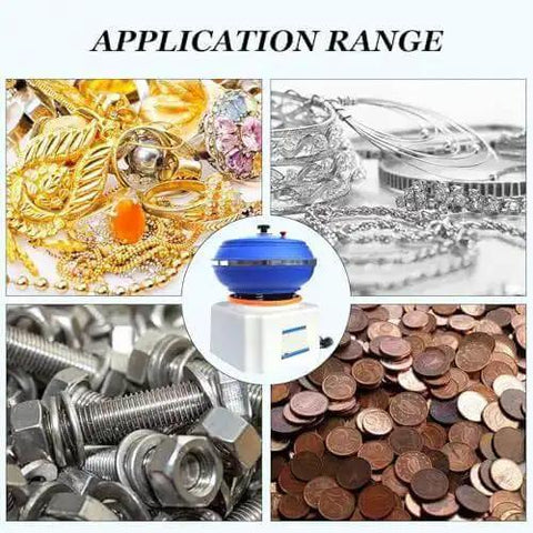 Heavy Duty Vibratory Tumbler Bowl for Metal Polishing shown with jewelry, coins, and hardware for finishing applications.