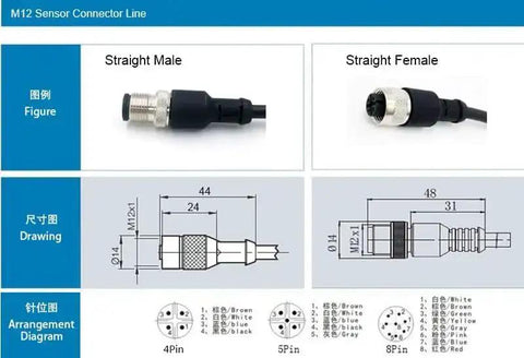 Technical diagram of straight male and female M12 sensor connectors, 4 Pin M12 A Coded Aviation Connector Cable For Sensors And Actuators.