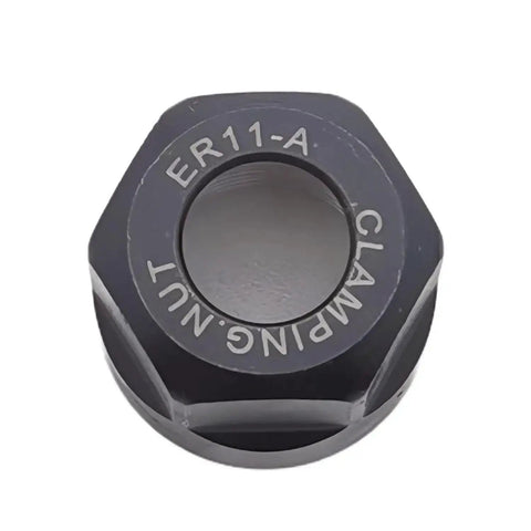 Close-up of an ER11A clamping nut from the All In One 19 Piece ER11 Precision Spring Collet Set With 1mm Through 7mm And One Eighth And One Quarter Inch Sizes, ER11A Clamping Nuts, M14 Thread, Your Go To CNC Workholding Engraving Milling Lathe Chuck Tool Kit.