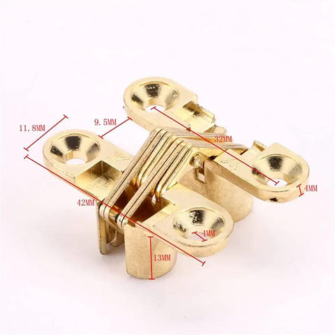 Hidden 8x42MM Concealed Cross Door Hinge With 180 Degree Swing for Wood Doors, Gold Finish, Side View with Measurements