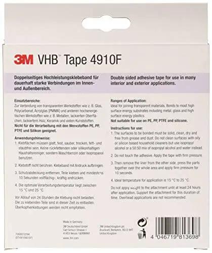 Packaging of VHB 4910F Clear Double-Sided Acrylic Adhesive Tape showing product details and barcodes.