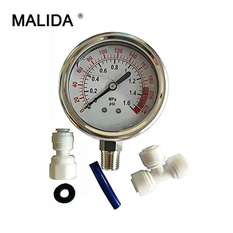 Stainless water pressure test gauge by Malida, 0-1.6 MPa (0-220 psi) with 1/4 in fittings and blue tubing.