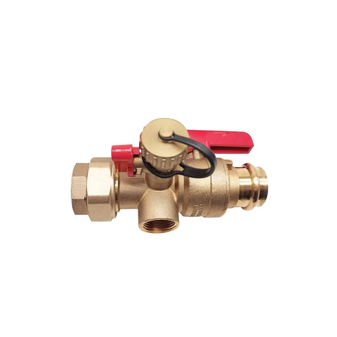 Tankless Water Heater Isolation Valve Kit With Pressure Relief Valve In Clean Brass For Low Lead Codes, Three Quarters Inch Female Threaded X Press Connection, Easy Install Three Quarters Inch Service Installation Valve For Rheem Rinnai Takagi EcoSmart