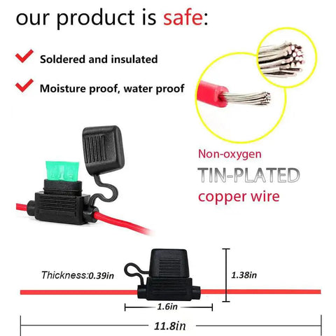 Waterproof Inline Fuse Holder Kit With 12 Gauge Wire, 12 Inch Leads, IP65 Dust And Moisture Protected, Fits ATO ATC Fuses, front view.