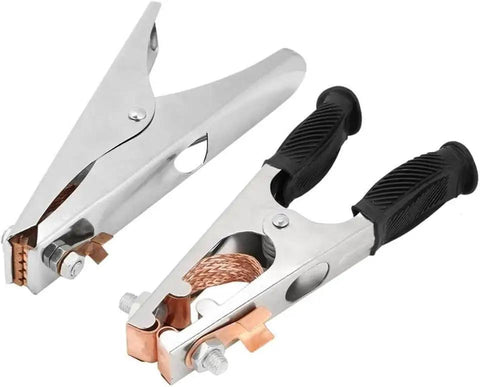 Heavy Duty 500 Amp Welding Ground Clamp with braided copper and rubber grip, size 7.9x3.5x1.2 inches, two clamps shown
